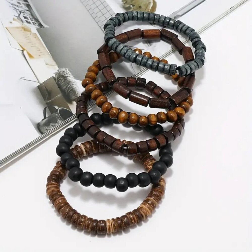 Bracelet Wood Bead Cuff 6pc Wrist Rock Edgy Boho Unisex Men's Trendy Stylish Fun